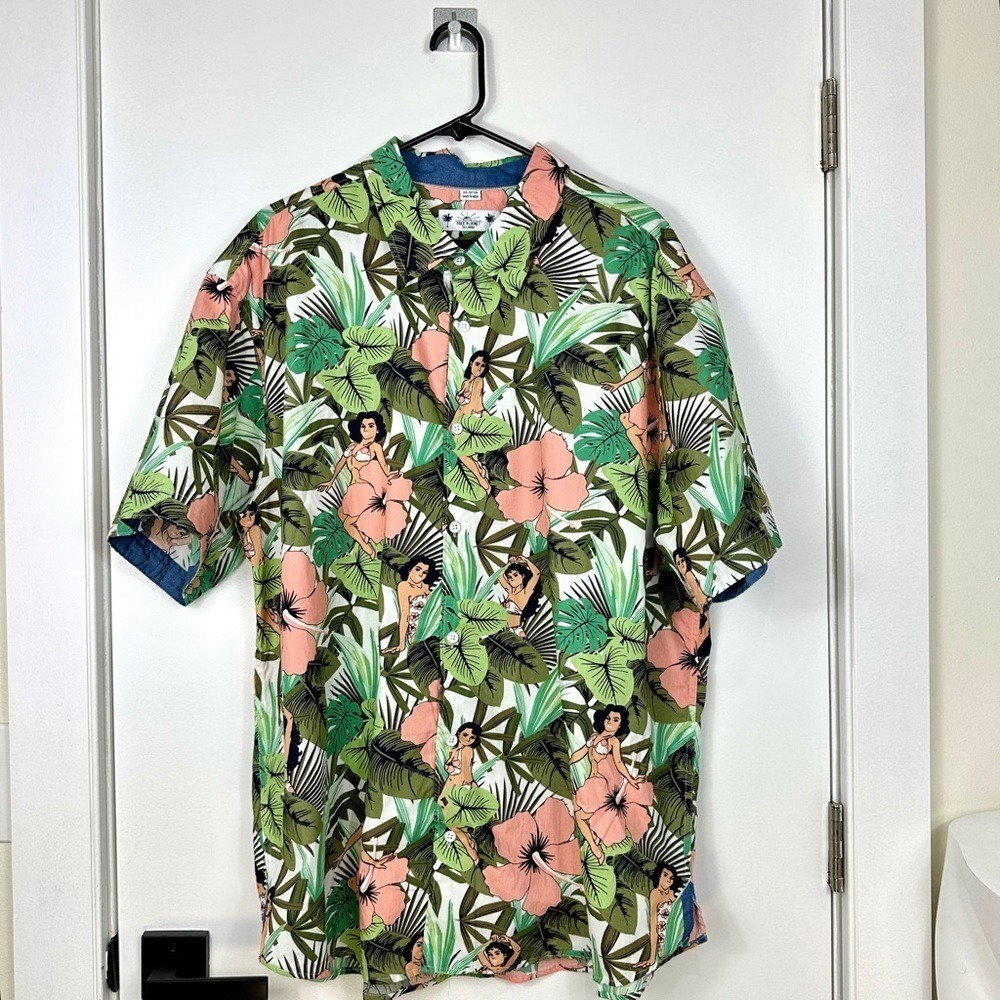 Free Planet Hawaiian Hula Girl Button Up Short Sleeve Shirt Mens Size 3X Large